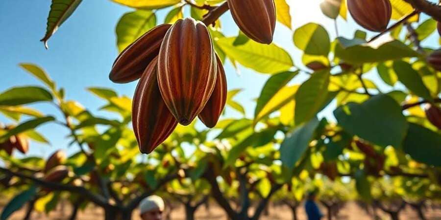 Frutos de cacao colgando de las ramas de un árbol en un campo soleado